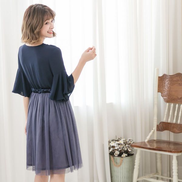 Marguerite - 側綁帶傘裙洋裝-深藍