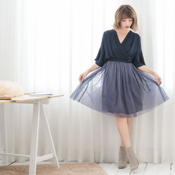 Marguerite - 側綁帶傘裙洋裝-深藍