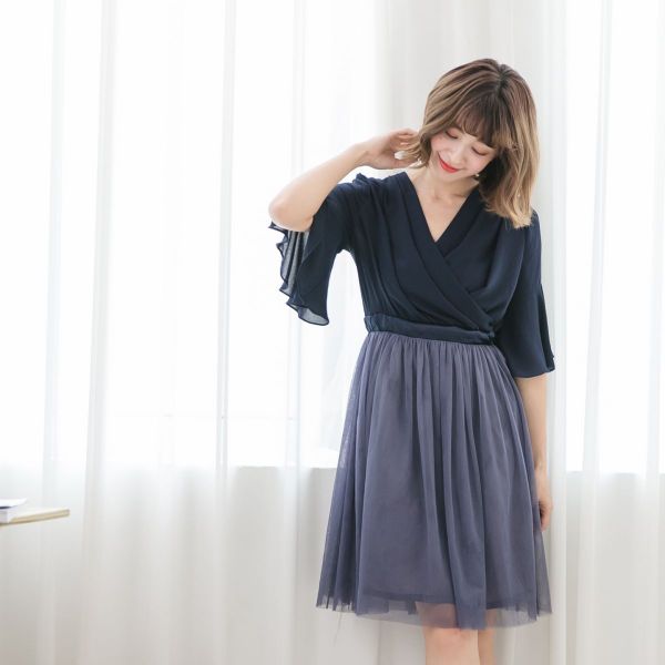 Marguerite - 側綁帶傘裙洋裝-深藍