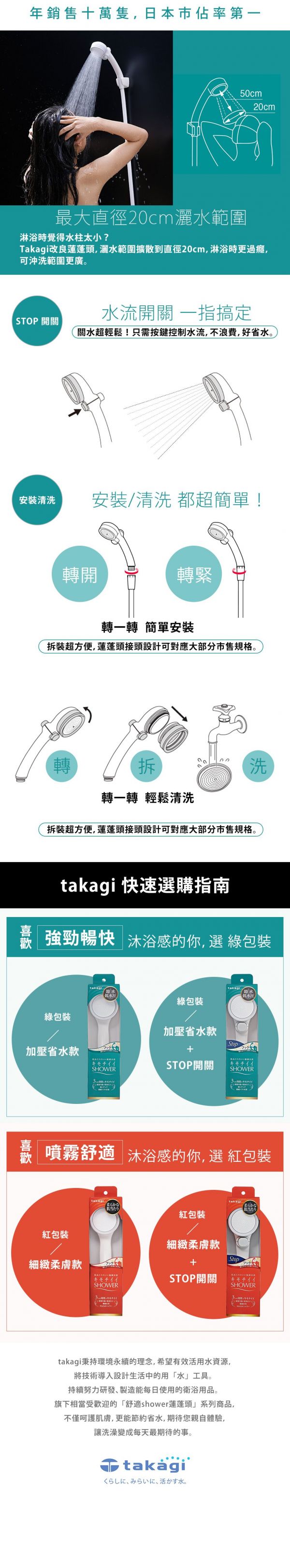 日本 TAKAGI - 淨水Shower蓮蓬頭-加壓省水款 + on/off開關-白