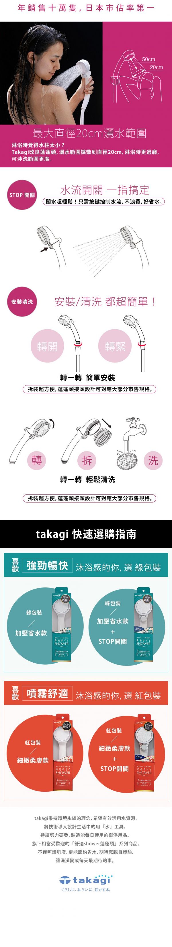 日本 TAKAGI - 淨水Shower蓮蓬頭-細緻柔膚款 + on/off開關-白