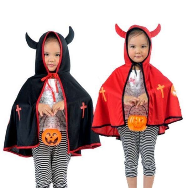 MODACore 摩達客 - 萬聖節派對道具-小惡魔牛角南瓜披風(黑色)+小南瓜桶組合 (披風：含帽長約73CM不含帽約45CM重量：約170g小南瓜桶：直徑11cm)-單入