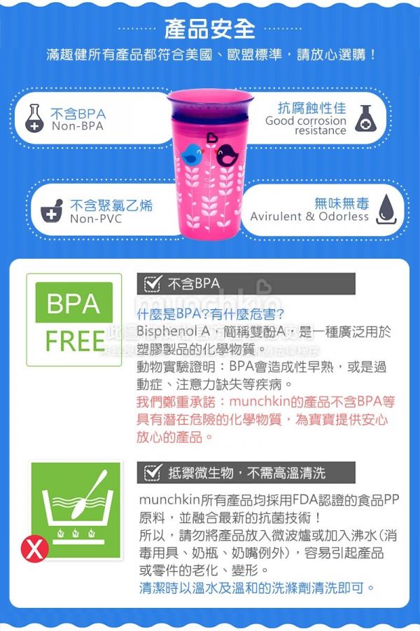 美國 munchkin - 360度繽紛防漏杯266ml-藍 (12M+)