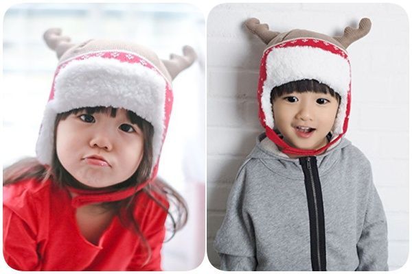 日本 - 立體麋鹿遮耳毛帽(附綁帶)-藍色