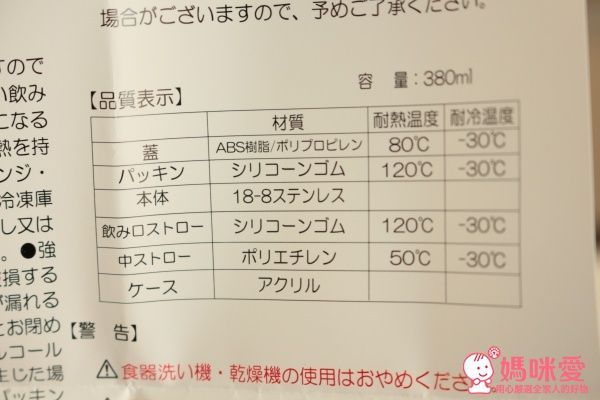 吸管和瓶身有 -30℃~120℃ 的耐冷耐熱度，涼颼颼的天氣可以裝溫開水，或是裝出門泡牛奶要用的熱開水。不過寶貝用吸管飲用的時候，記得不要裝太燙的水喔！