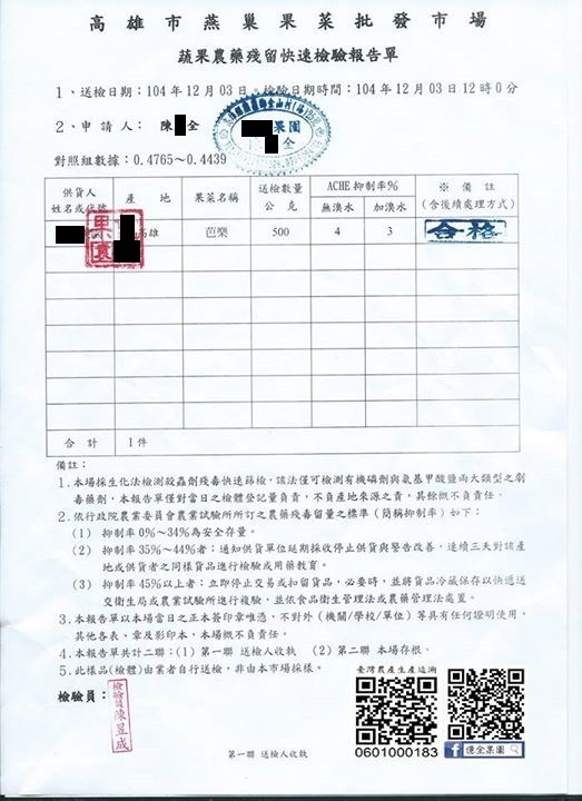 燕巢牛奶珍珠芭樂（蔬果農藥殘留快速檢驗報告）