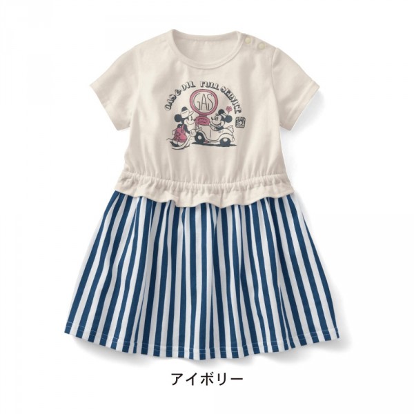 天竺棉米奇米妮條紋拼接短袖洋裝