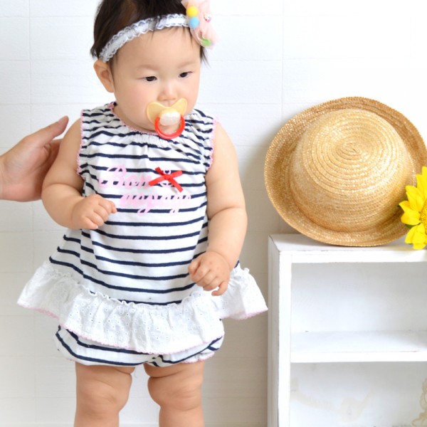 日本 PETIT CADEAU 水手風無袖條紋蕾絲下襬上衣+南瓜褲