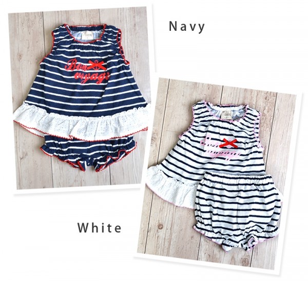 日本 PETIT CADEAU 水手風無袖條紋蕾絲下襬上衣+南瓜褲