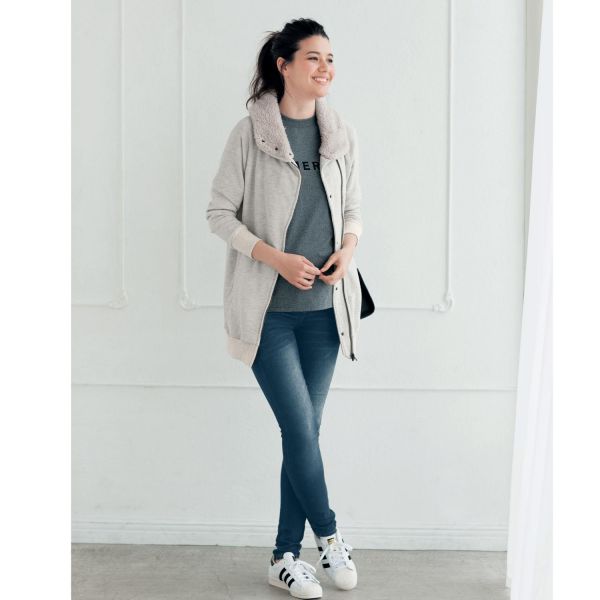 產前產後兩用保暖淺灰外套(附寶寶前抱袋)