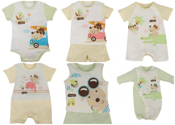 日本 Combi - 短袖連身衣-動物印條-藍色