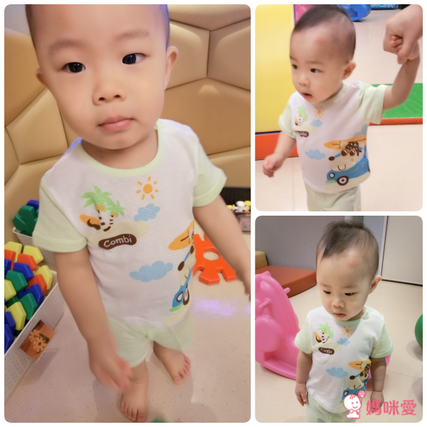 日本 Combi - 短袖連身衣-動物印條-藍色