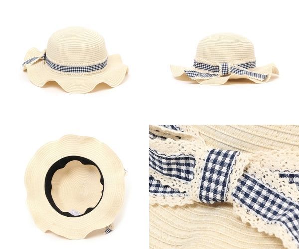 日本神戶style可水洗波浪帽緣格紋蝴蝶結優雅女童帽
