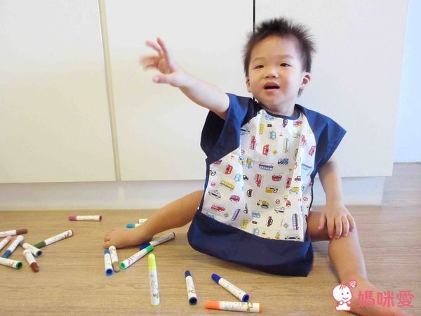 日本 Combi - mini 食事圍兜-短袖款-點點鴨-海軍藍 (L [90-100cm])-12個月起