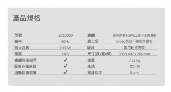  【瑞典 Electrolux 伊萊克斯】極靜音紙袋式吸塵器 -ZCS2000
