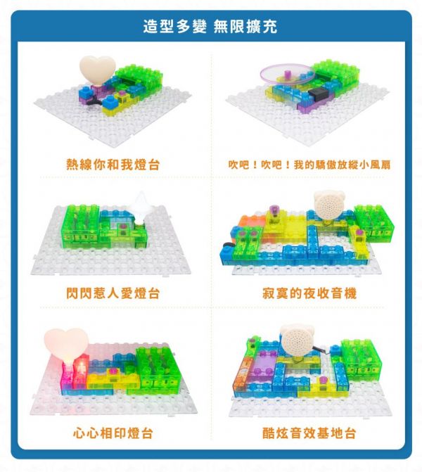 美國 E-Blox - 全能益智聲光積木-變化120(燈台、電風扇、螺旋槳、收音機、音效機)