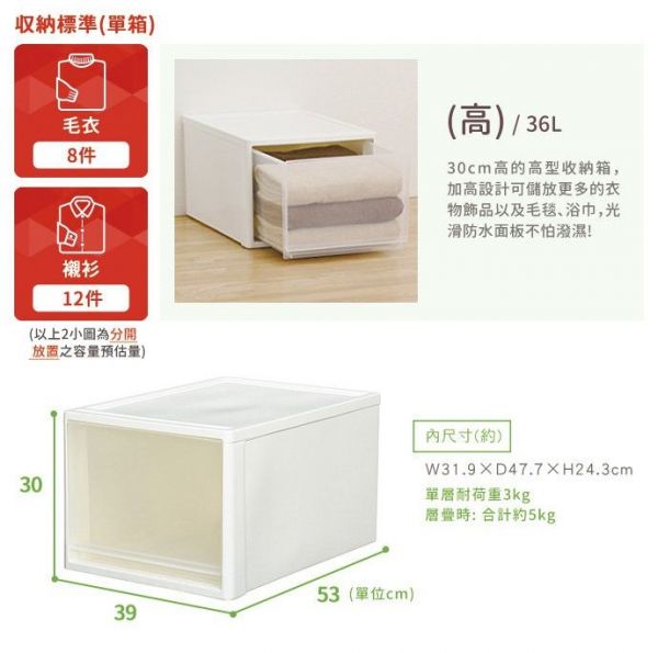 日本JEJ - 日本製 多功能單層抽屜收納箱(中)-單層32L-3入-白透-32L/3入
