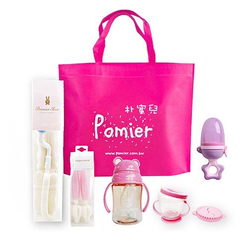韓國 Pomier 朴蜜兒 - 女娃必備超值特惠組-旋轉水果棒x1+280ml果汁杯x1+零食盒x1+奶瓶刷x1+奶嘴刷x1+購物袋