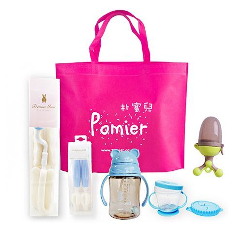 韓國 Pomier 朴蜜兒 - 女娃必備超值特惠組-旋轉水果棒x1+280ml果汁杯x1+零食盒x1+奶瓶刷x1+奶嘴刷x1+購物袋