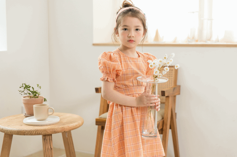 韓國 Merry Kate - (剩XL)公主泡泡袖氣質格紋洋裝-橘