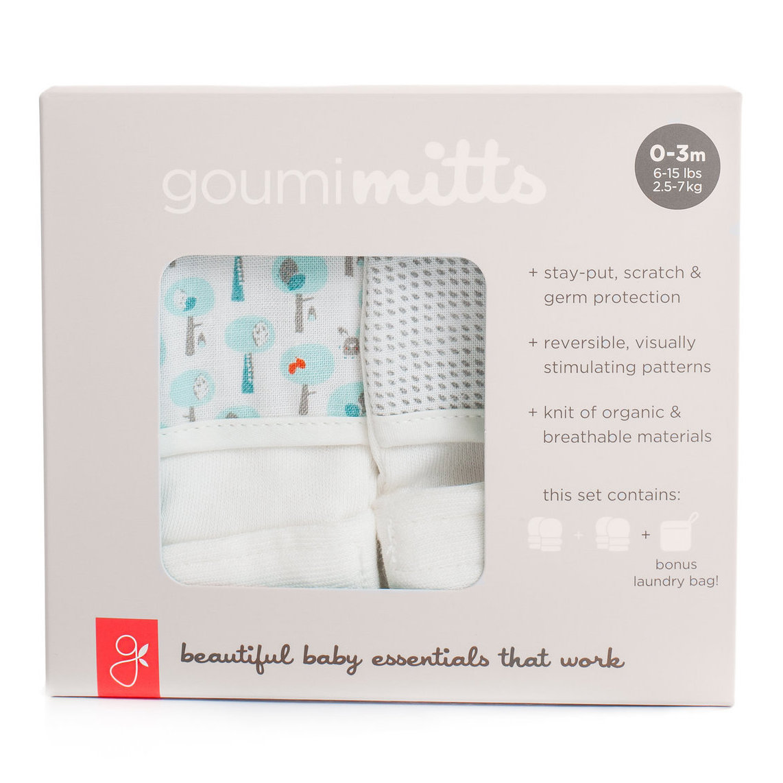 美國 GOUMIKIDS - 有機棉手套2入組組合禮盒-灰色點點+愛心小樹