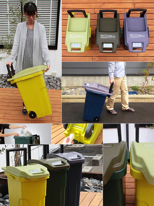 日本 eco container style - 機能型戶外拉桿式垃圾桶-軍綠色-45L