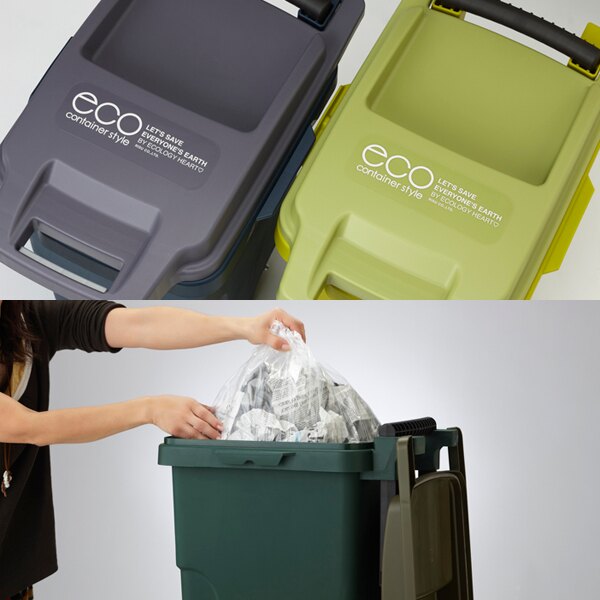 日本 eco container style - 機能型戶外拉桿式垃圾桶-軍綠色-45L