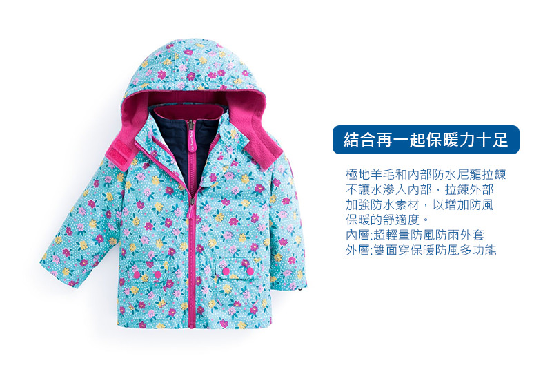 英國 JoJo Maman BeBe - 四合一多功能防水保暖外套-水藍花園