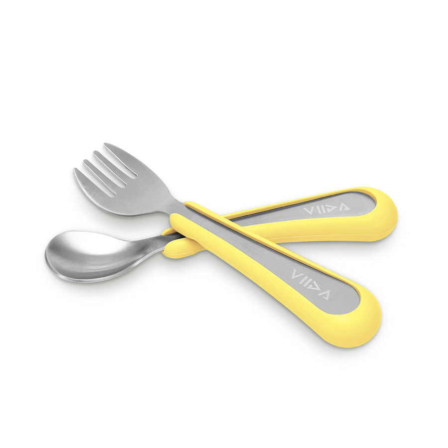 VIIDA - Soufflé抗菌不鏽鋼兒童叉匙組-叉子.湯匙-黃-6個月以上