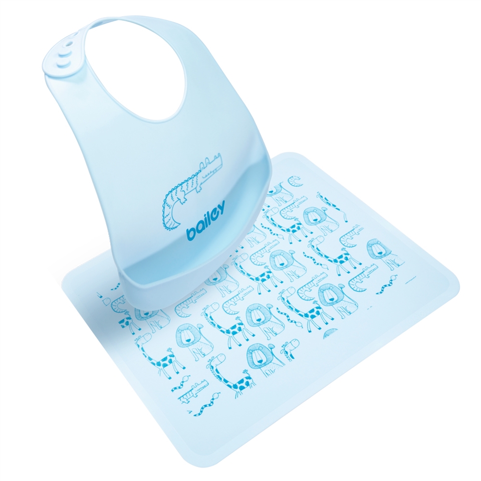 韓國 BAILEY 貝睿 - 矽膠圍兜-立體圍兜+餐墊禮盒-粉藍