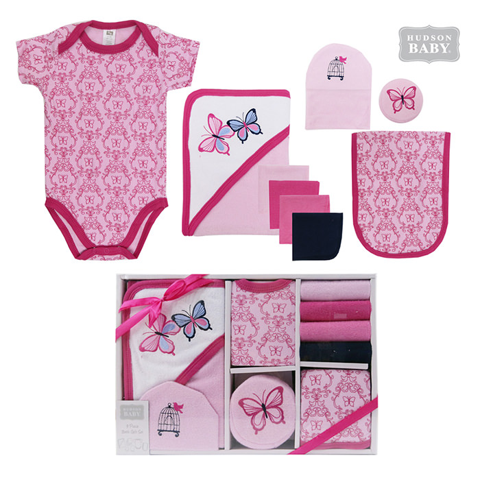美國 Luvable Friends - 甜蜜寶貝嬰幼兒包屁衣與長褲最佳送禮 9入彌月禮盒組-粉色蝴蝶