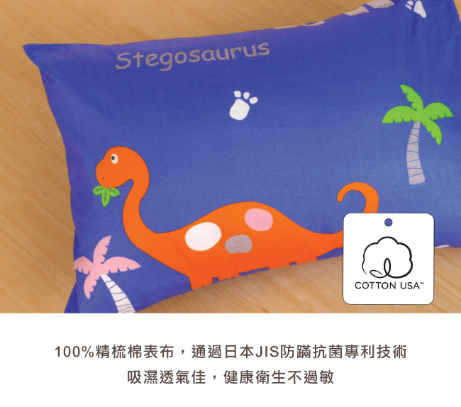 鴻宇 HongYew - 防螨抗菌100%美國棉兒童纖維枕-恐龍公園-1896-藍
