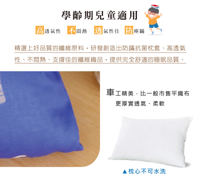 鴻宇 HongYew - 防螨抗菌100%美國棉兒童纖維枕-恐龍公園-1896-藍
