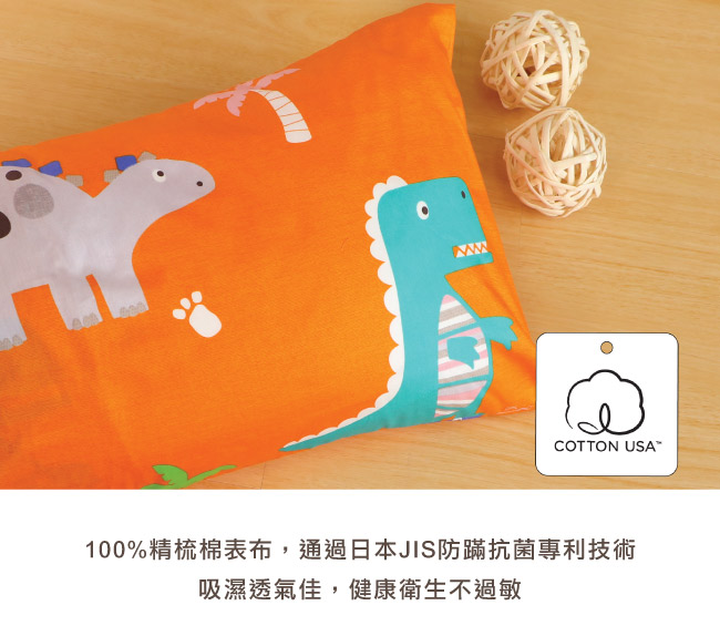 鴻宇 HongYew - 防螨抗菌100%美國棉兒童纖維枕-恐龍公園-1896-橘