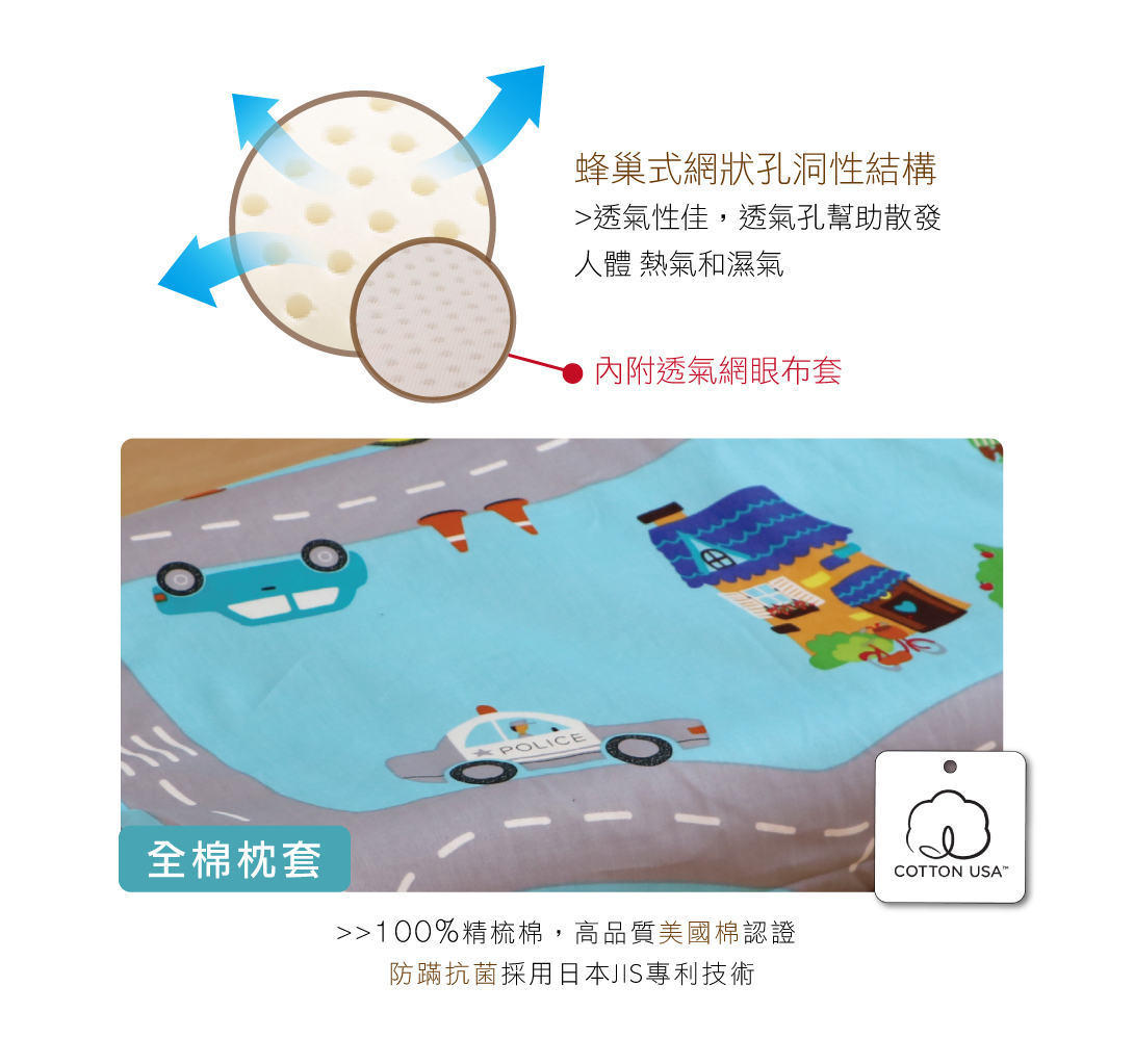 鴻宇 HongYew - 防螨抗菌100%美國棉幼童護頸型天然乳膠枕-交通樂園-1778