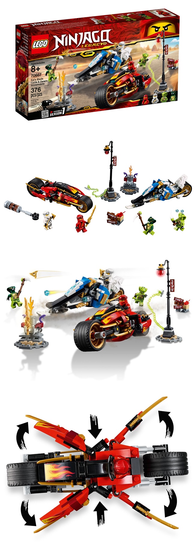 樂高 LEGO - 樂高 NINJAGO 旋風忍者系列 - 赤地的刀鋒轉輪車及冰忍的雪地摩托車 70667-376pcs