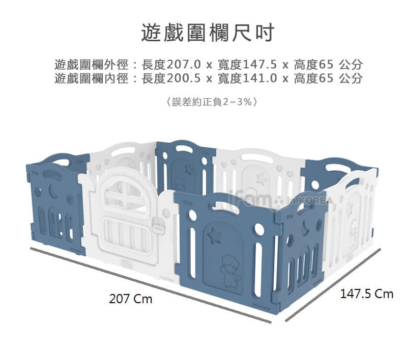 韓國 iFam - G尺寸遊戲圍欄-藍白搭+灰白雙色地墊 套組 (【圍欄】207cm x 147cm x 65cm 【地墊】200cm x 140cm x 4cm)