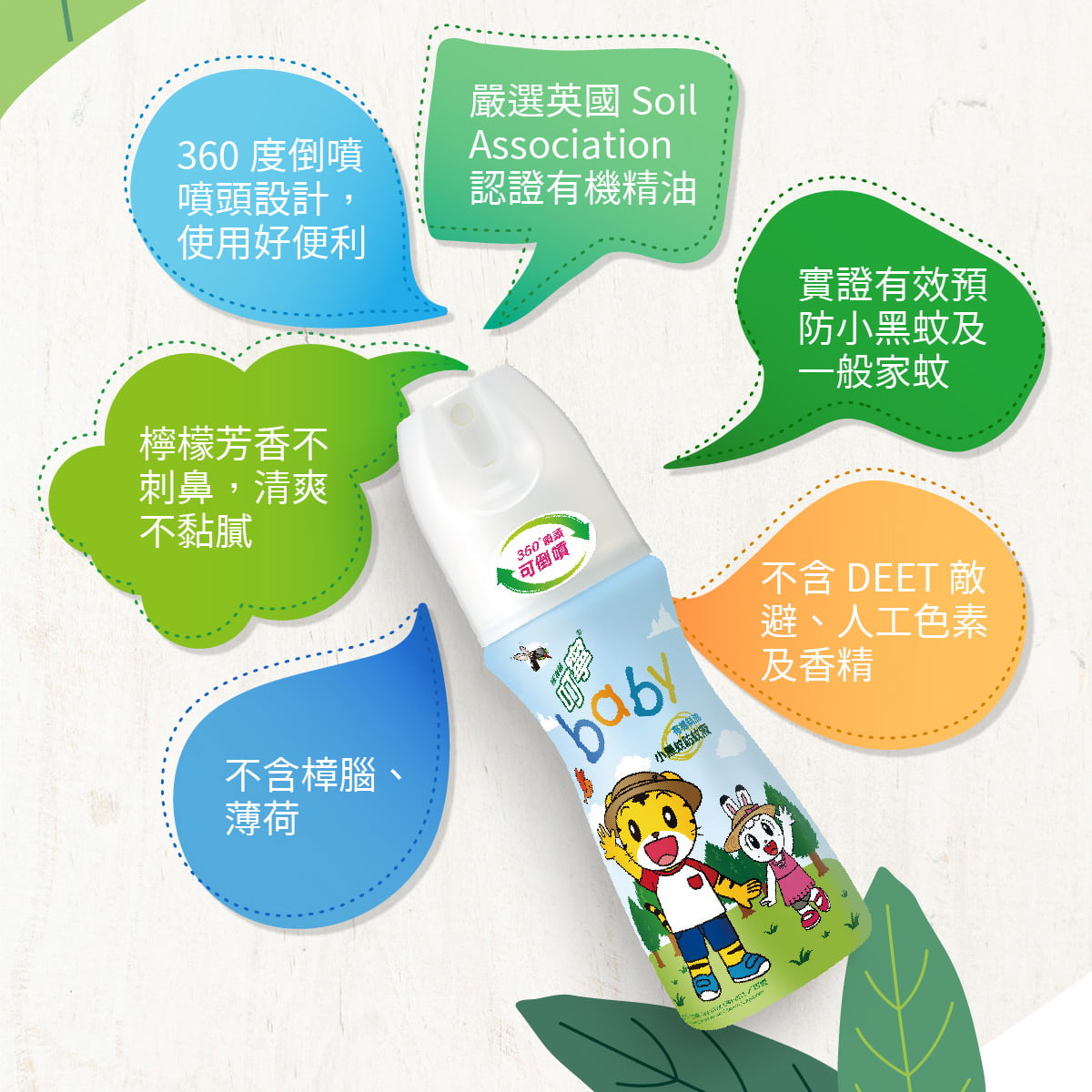 不含敵避、人工色素、人工香精、樟腦、薄荷，使用嚴選英國Soil Association認證有機精油與尤加利萃取，檸檬芳香不刺鼻，清爽不黏膩，