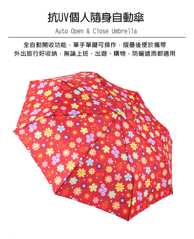 Rainstory - 抗UV隨身自動傘-水果花朵(紅)-自動開收傘