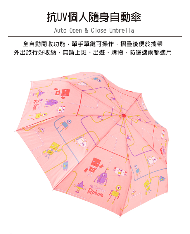 Rainstory - 抗UV隨身自動傘-機器人(粉)-自動開收傘