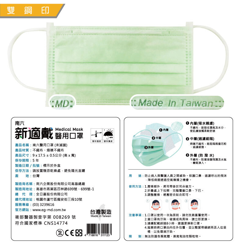 南六 - 新適戴醫用口罩-雙鋼印-清新綠 (長175mm*寬9mm)-50入/盒*3