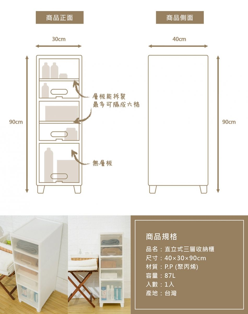 大象平方 - 直立式三層收納櫃87L【1入】-40*30*90cm