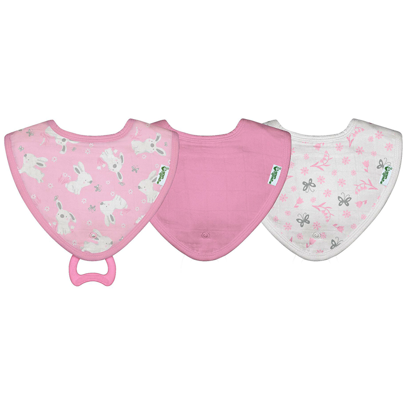 美國 green sprouts - 小綠芽兩層吸水層 100% 有機棉細紗布之【口水巾圍兜/咬咬兜】3入組-兔子蝴蝶(粉)