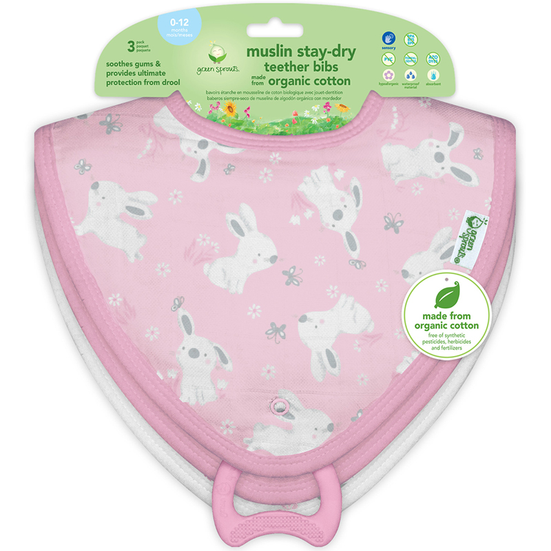 美國 green sprouts - 小綠芽兩層吸水層 100% 有機棉細紗布之【口水巾圍兜/咬咬兜】3入組-兔子蝴蝶(粉)