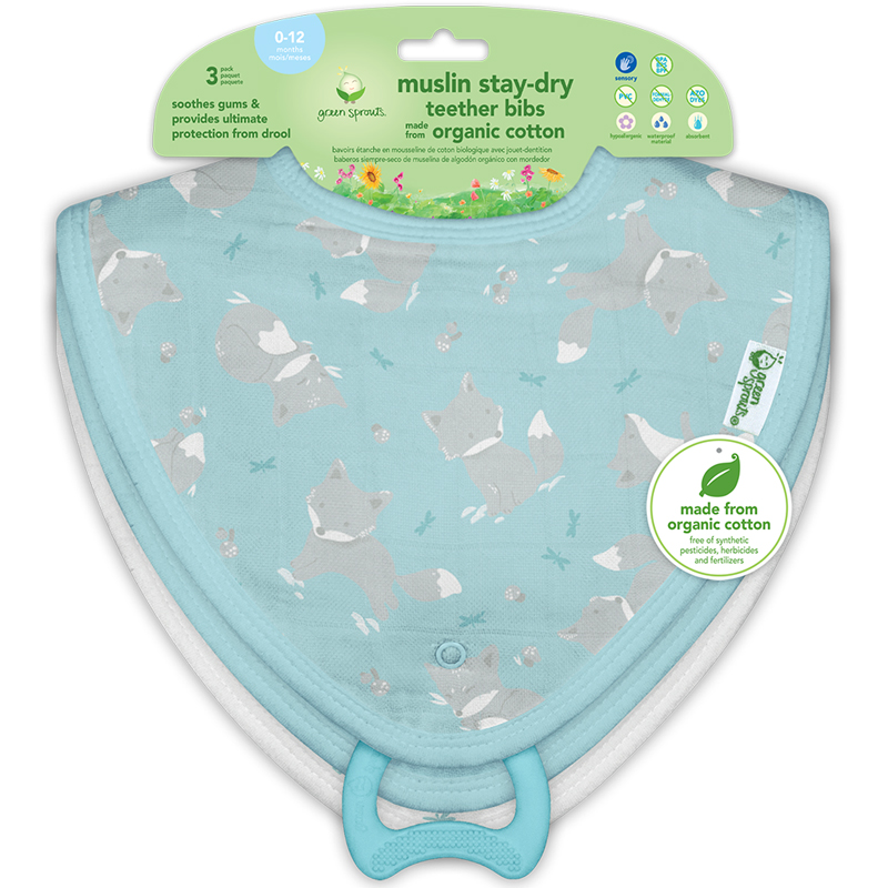 美國 green sprouts - 小綠芽兩層吸水層 100% 有機棉細紗布之【口水巾圍兜/咬咬兜】3入組-小狐狸(綠)