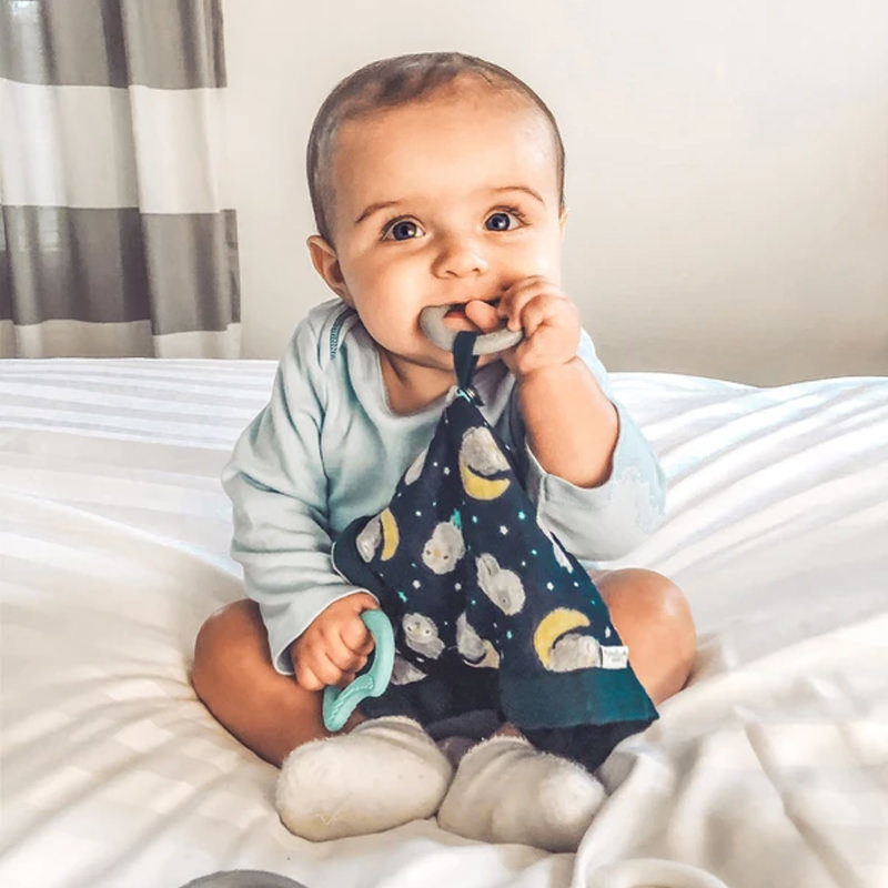 美國 green sprouts - 小綠芽雙層吸水100%有機棉細紗布之【安撫巾與食品安全等級固齒器】-兔寶寶