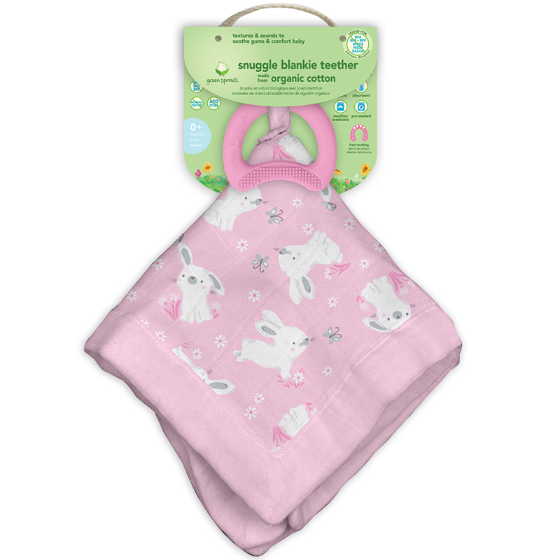 美國 green sprouts - 小綠芽雙層吸水100%有機棉細紗布之【安撫巾與食品安全等級固齒器】-兔寶寶