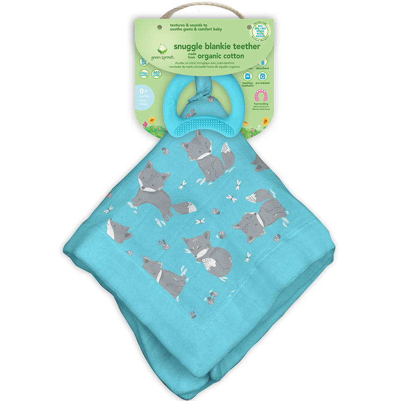 美國 green sprouts - 小綠芽雙層吸水100%有機棉細紗布之【安撫巾與食品安全等級固齒器】-小狐狸