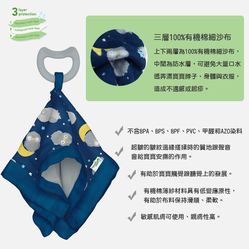 美國 green sprouts - 小綠芽雙層吸水100%有機棉細紗布之【安撫巾與食品安全等級固齒器】-無尾熊