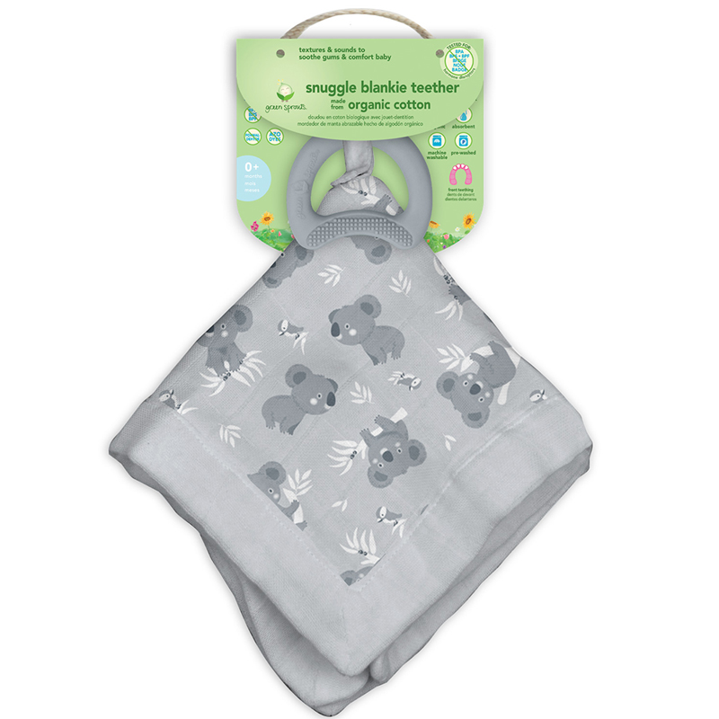 美國 green sprouts - 小綠芽雙層吸水100%有機棉細紗布之【安撫巾與食品安全等級固齒器】-無尾熊